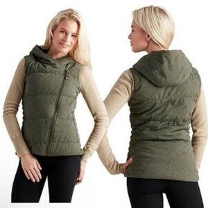 Athleta hooded goose down zip-up vest - heather olive green - size xs